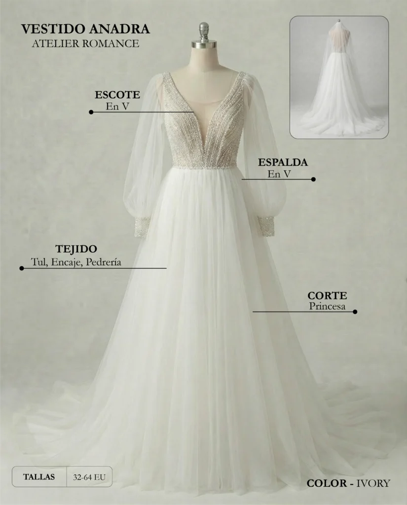 Vestido de novia Andara ficha técnica, Romance