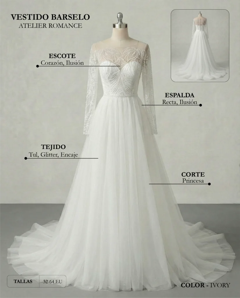 Vestido de novia Barselo ficha técnica Romance