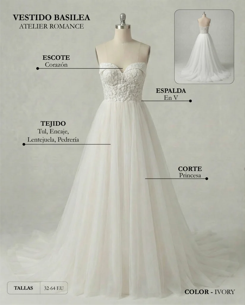 Vestido de novia Basilea ficha técnica, Romance
