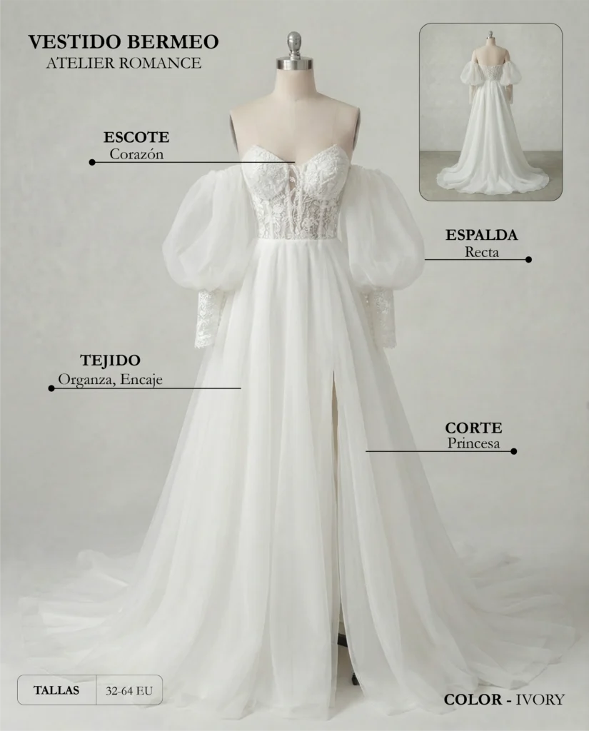 Vestido de novia Bermeo ficha técnica, Romance