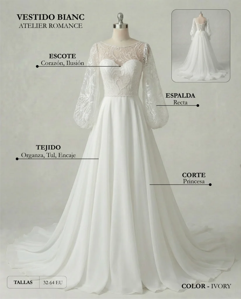 Vestido de novia Bianc ficha técnica, Romance