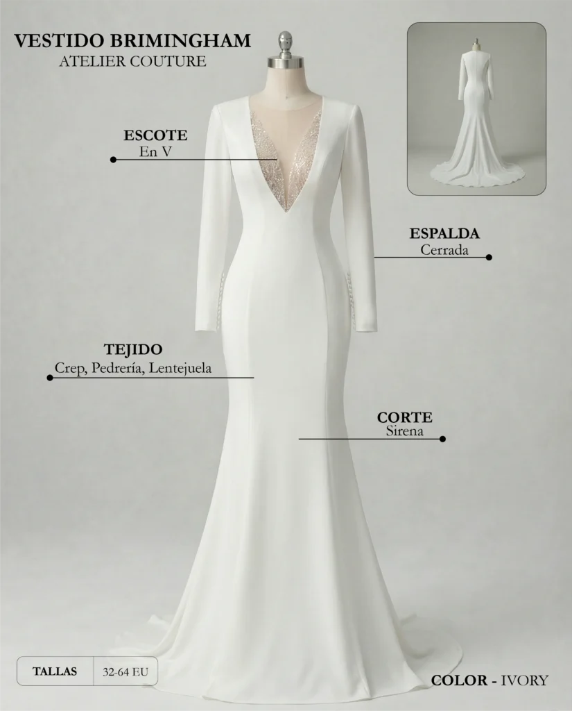 Vestido de novia Brimingham ficha técnica, Couture