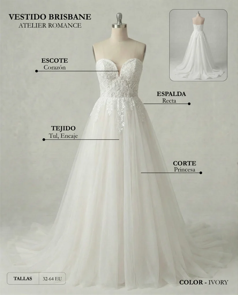 Vestido de novia Brisbane ficha técnica, Romance