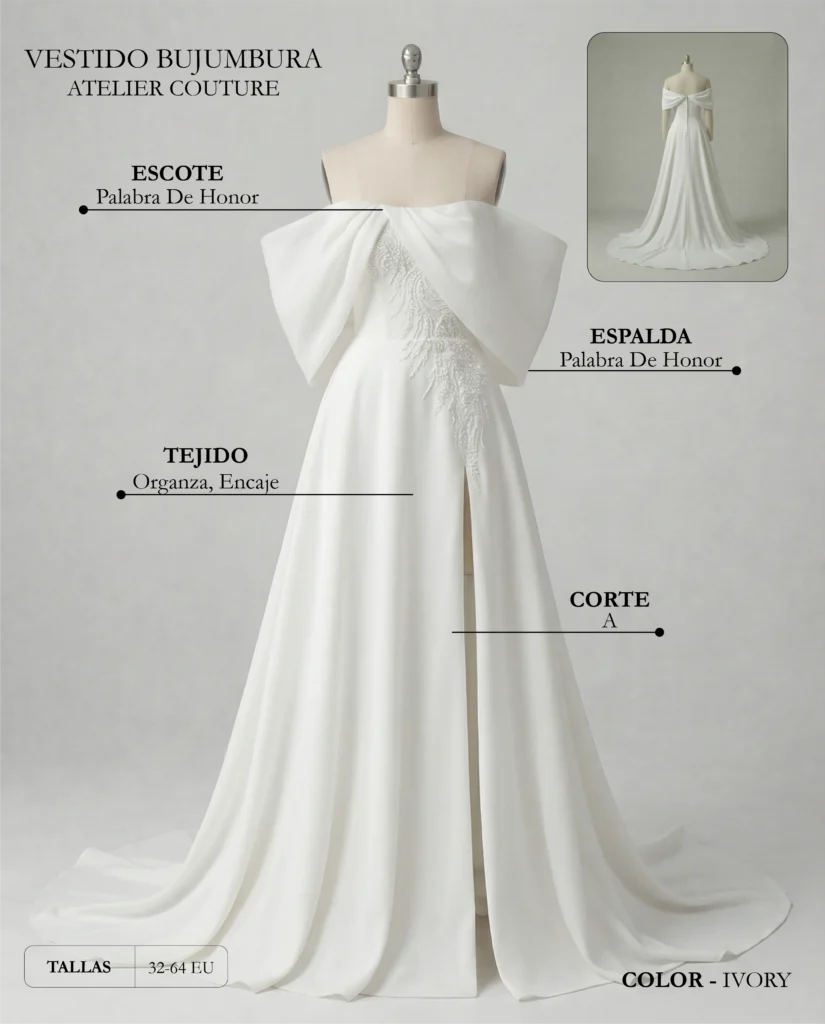 Vestido de novia Bujumbura ficha técnica, Couture