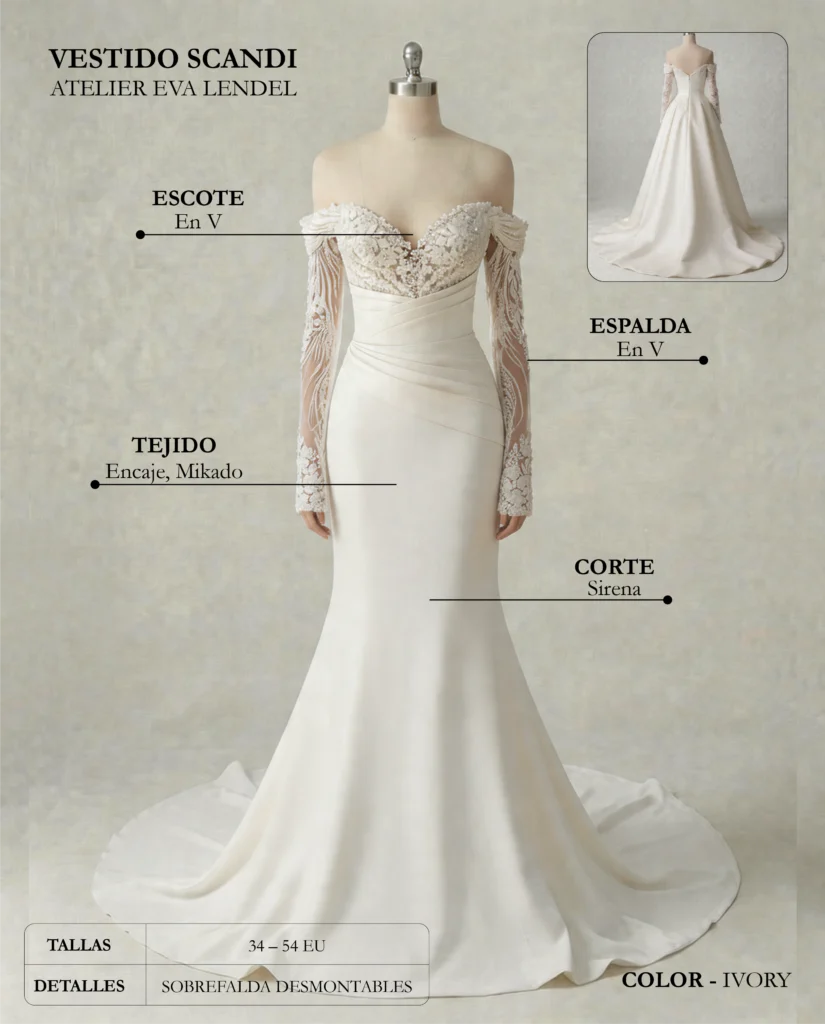 Vestido de novia Scandi ficha técnica, Eva Lende