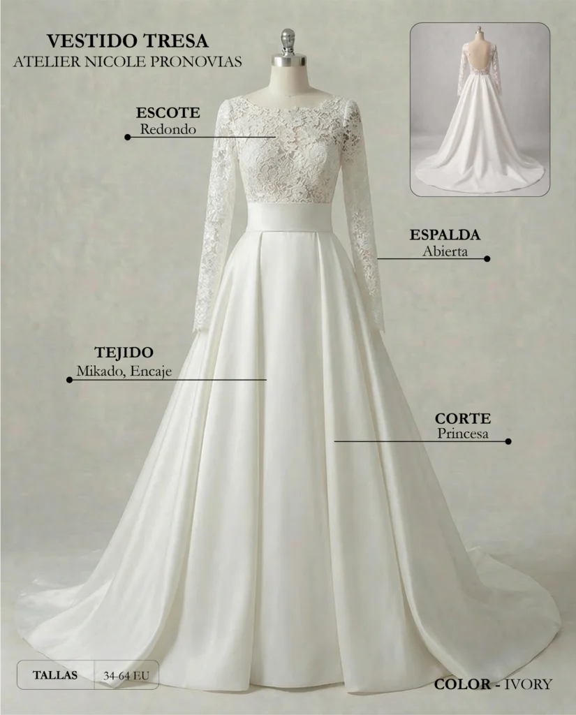 Vestido de novia Tresa ficha técnica, Pronovias