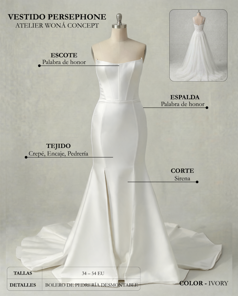 Vestido de novia Persephone ficha técnica, Woná Concept