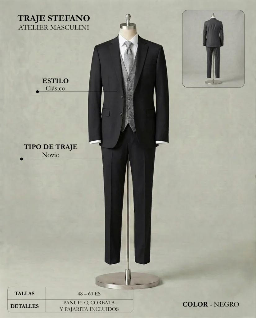 Traje de novio Stefano ficha técnica, Masculini
