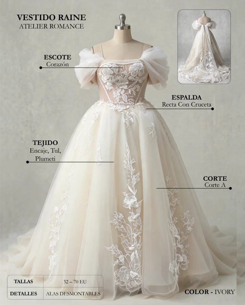 Vestido de novia Raine ficha técnica, Romance