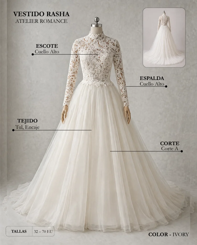 Vestido de novia Rasha ficha técnica, Romance
