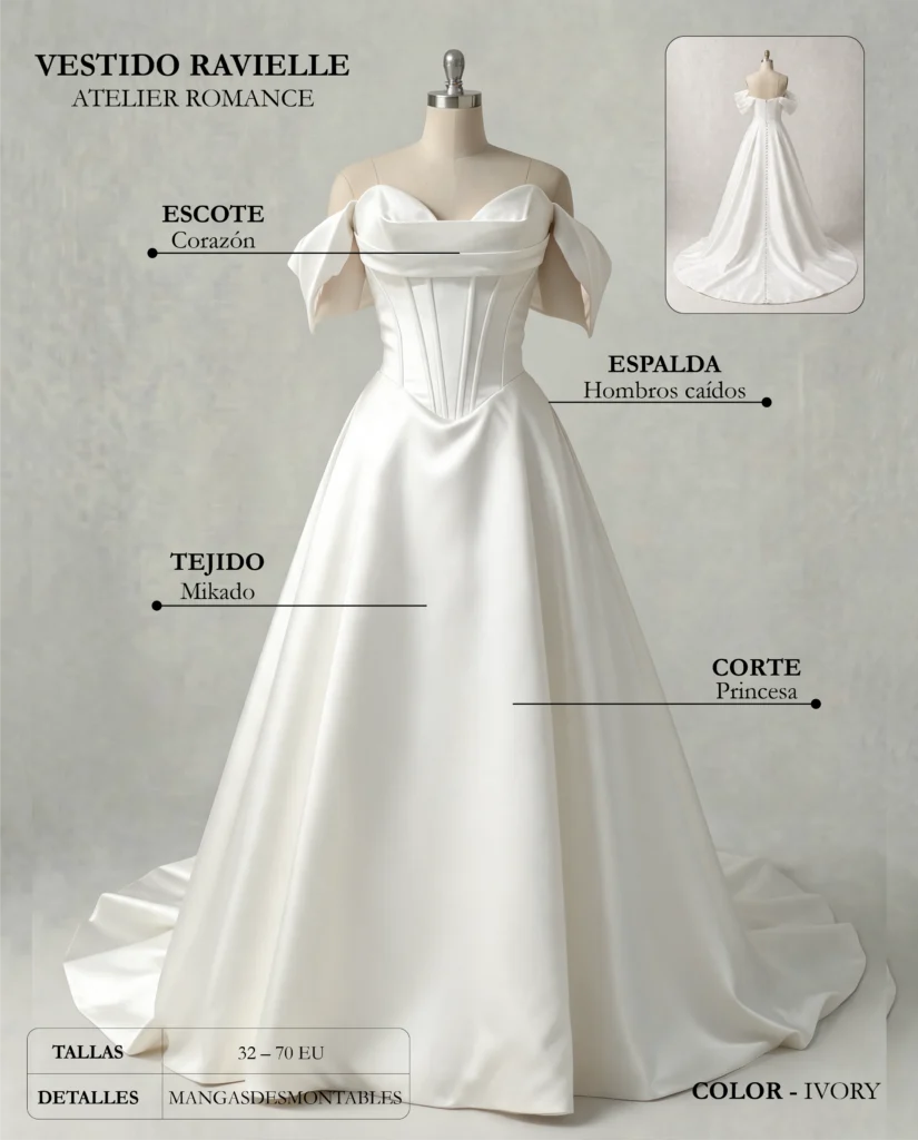 Vestido de novia Ravielle ficha técnica, Romance