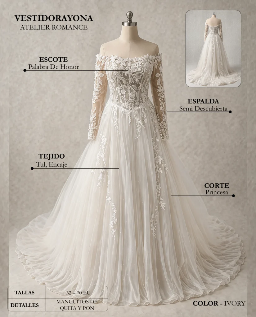 Vestido de novia Rayona ficha técnica, Romance