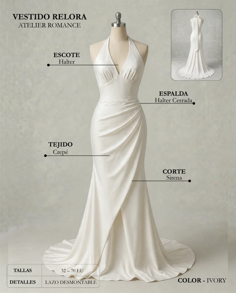 Vestido de novia Relora ficha técnica, Romance