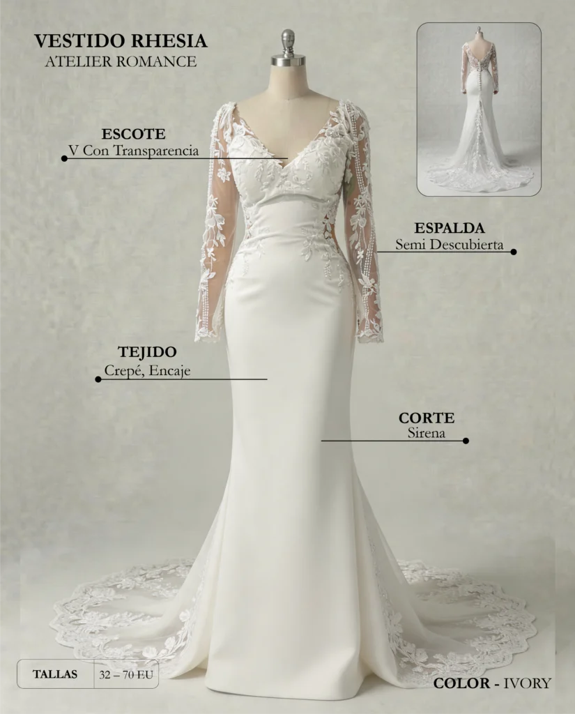 Vestido de novia Rhesia ficha técnica, Romance