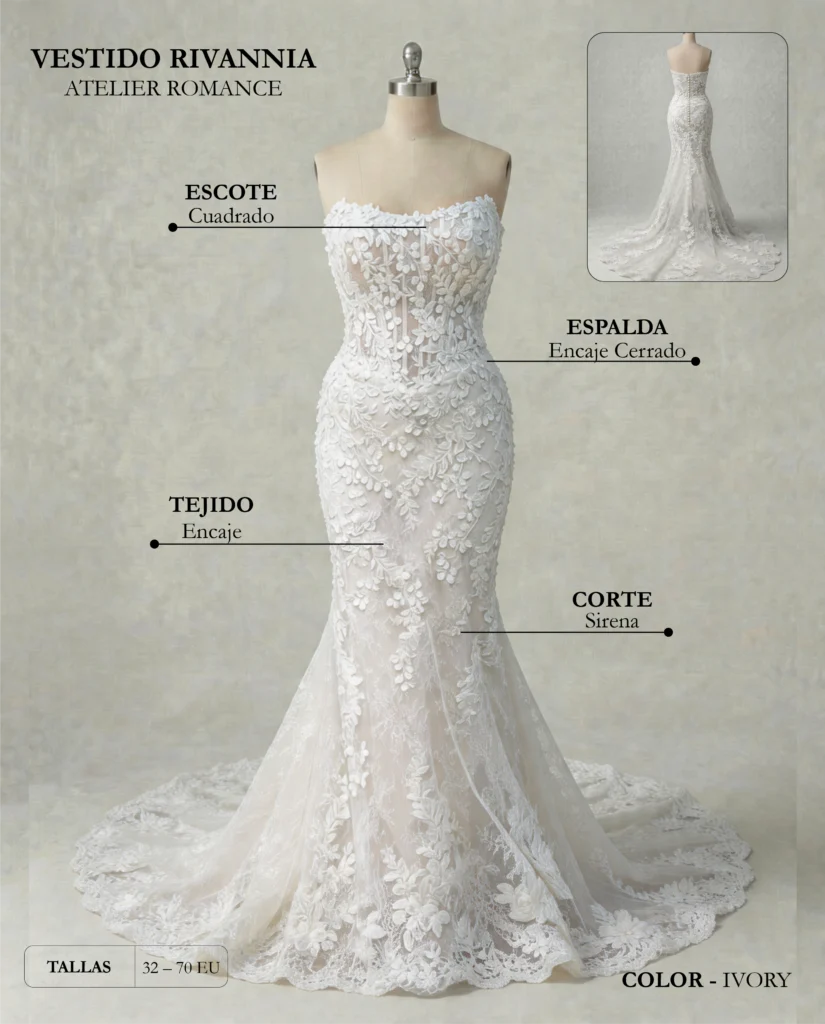 Vestido de novia Rivannia ficha técnica, Romance