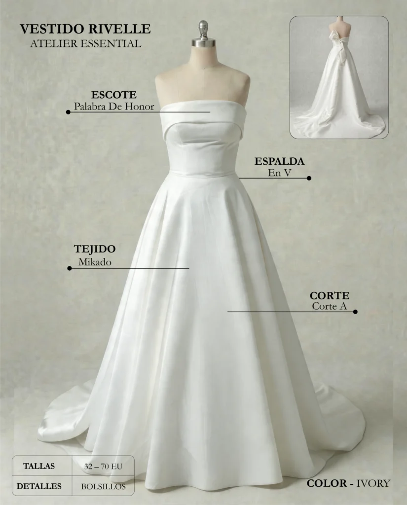 Vestido de novia Rivelle ficha técnica, Essential