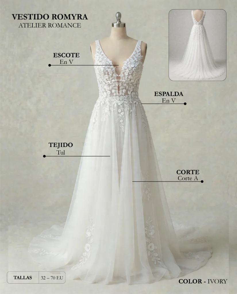 Vestido de novia Romyra ficha técnica, Romance