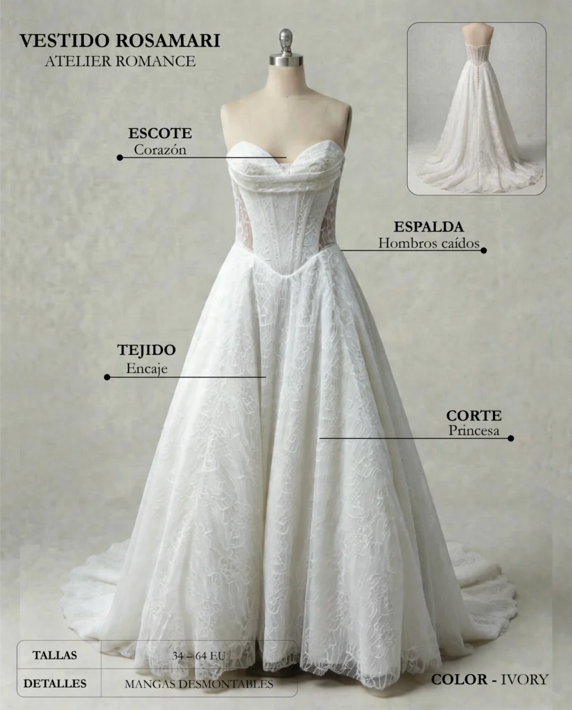 Vestido de novia Rosamari ficha técnica, Romance