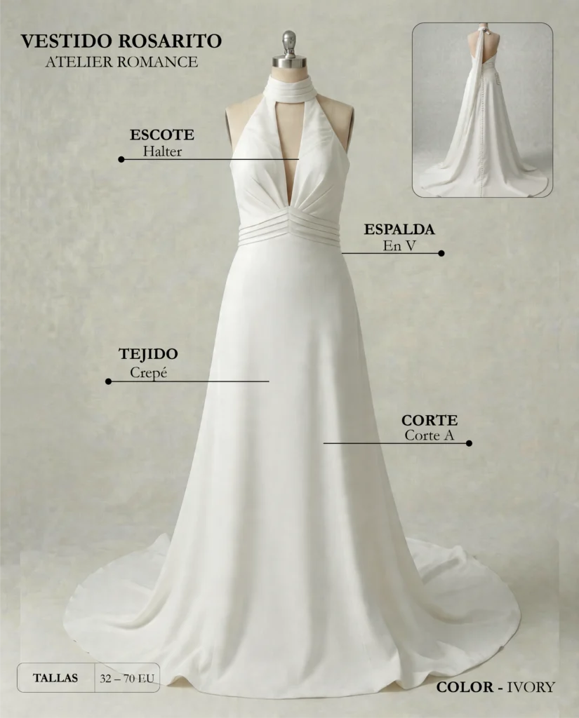 Vestido de novia Rosarito ficha técnica, Romance
