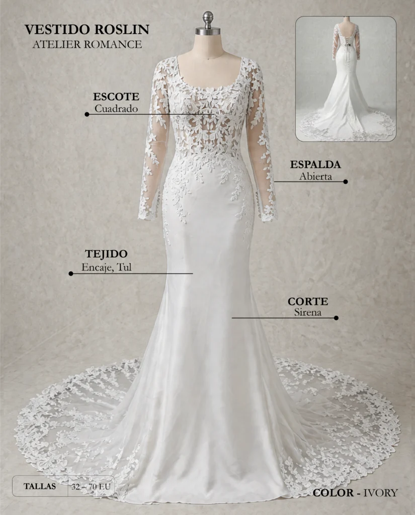 Vestido de novia Roslin ficha técnica, Romance