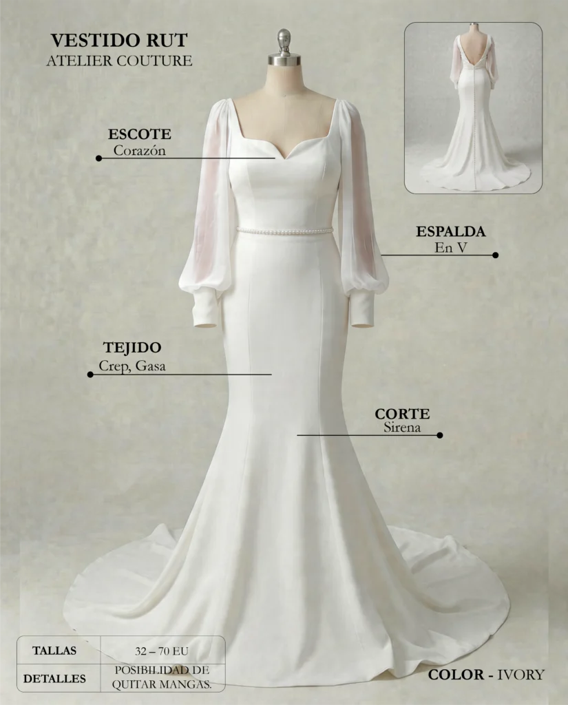 Vestido de novia Rut ficha técnica, Couture