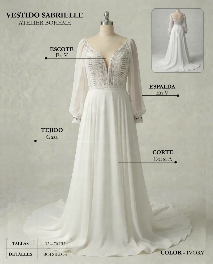 Vestido de novia Sabrielle ficha técnica, Boheme