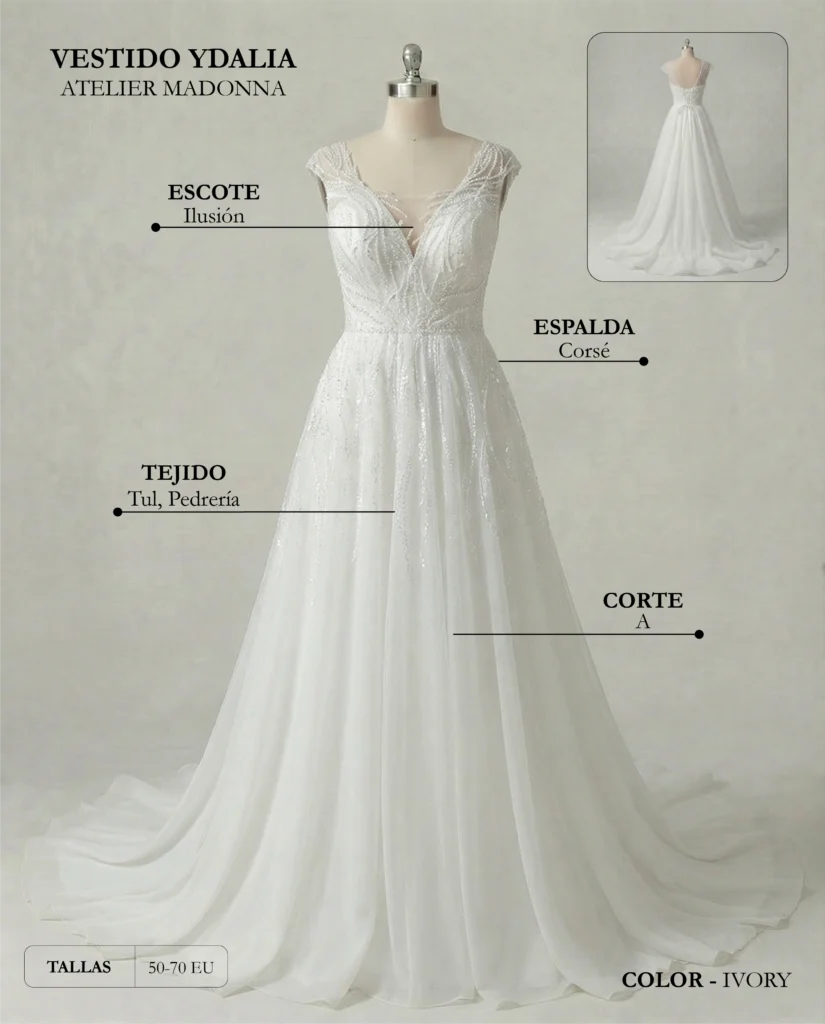 Vestido de novia Ydalia ficha técnica, Madonna