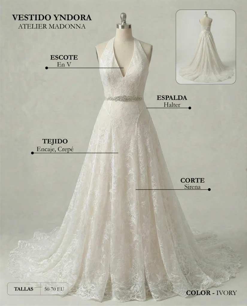 Vestido de novia Yndora ficha técnica, Madonna