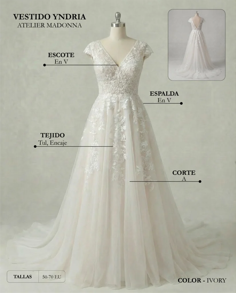 Vestido de novia Yndria ficha técnica, Madonna