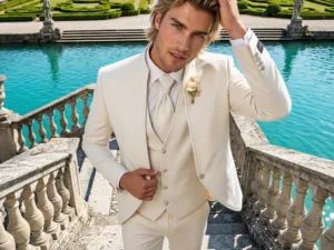 Traje de novio Burak, pose cenital, color beige, cuello mao de ceremonia, Atelier Masculini