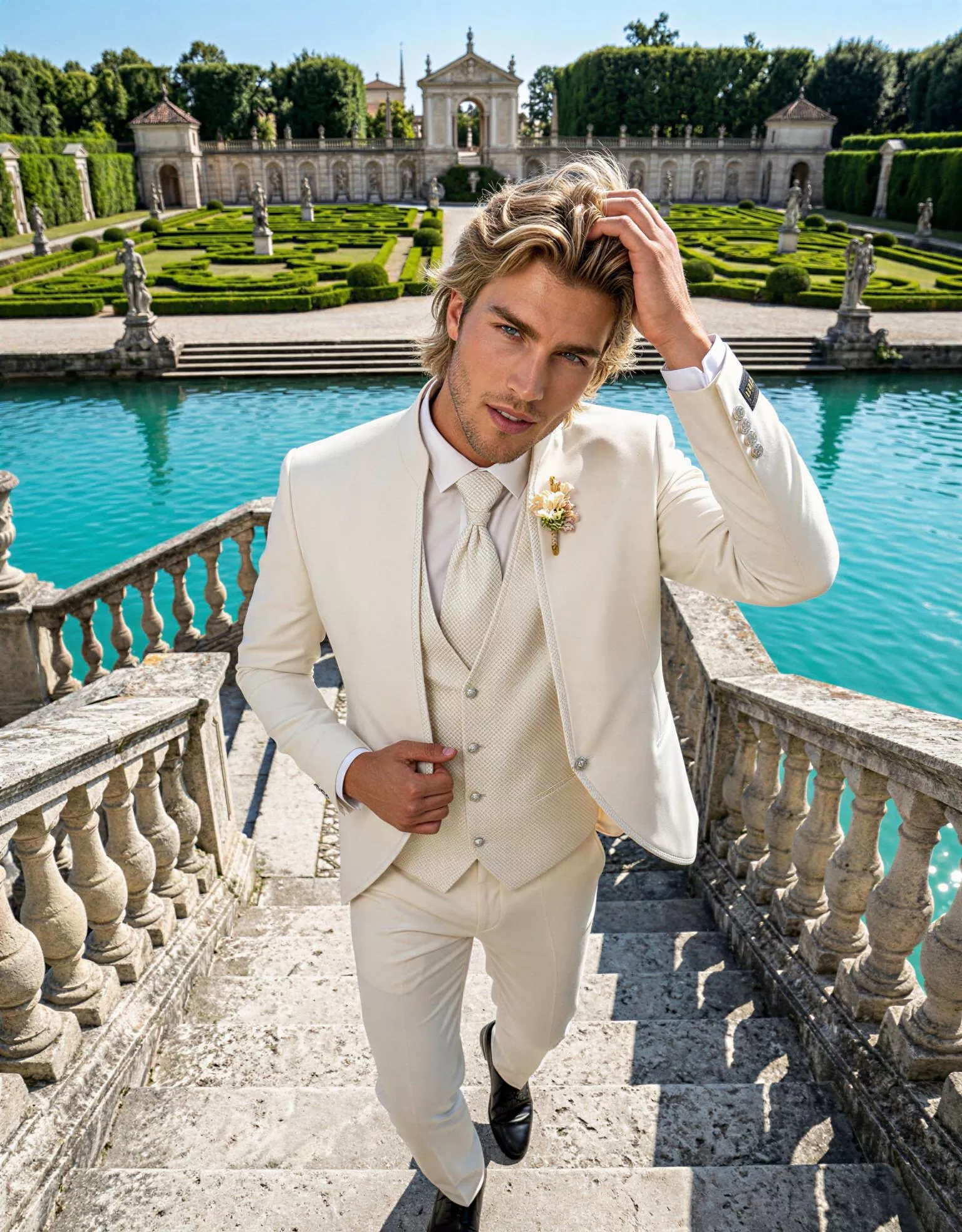 Traje de novio Burak, pose cenital, color beige, cuello mao de ceremonia, Atelier Masculini