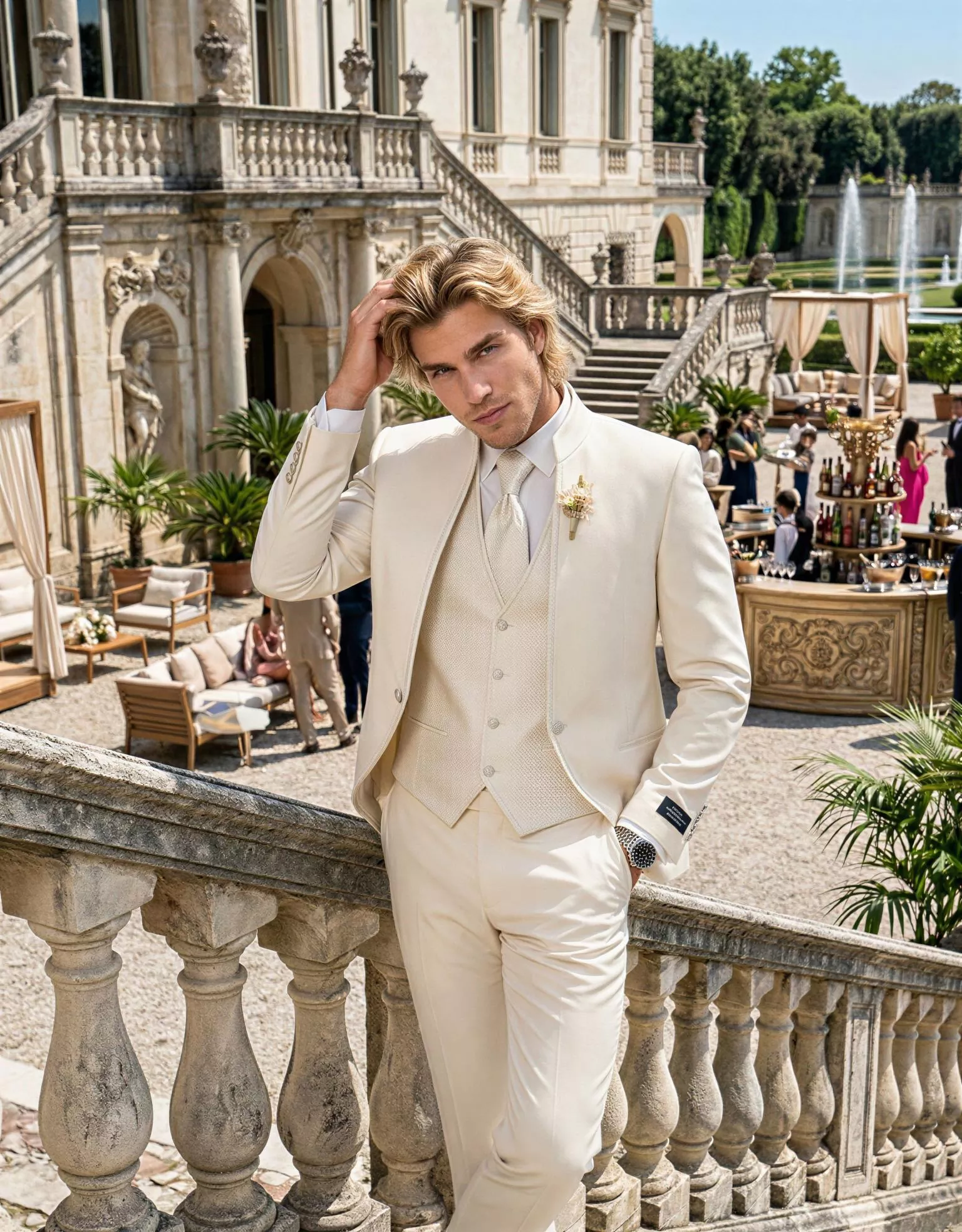 Traje de novio Burak, pose escalera, color beige, cuello mao de ceremonia, Atelier Masculini