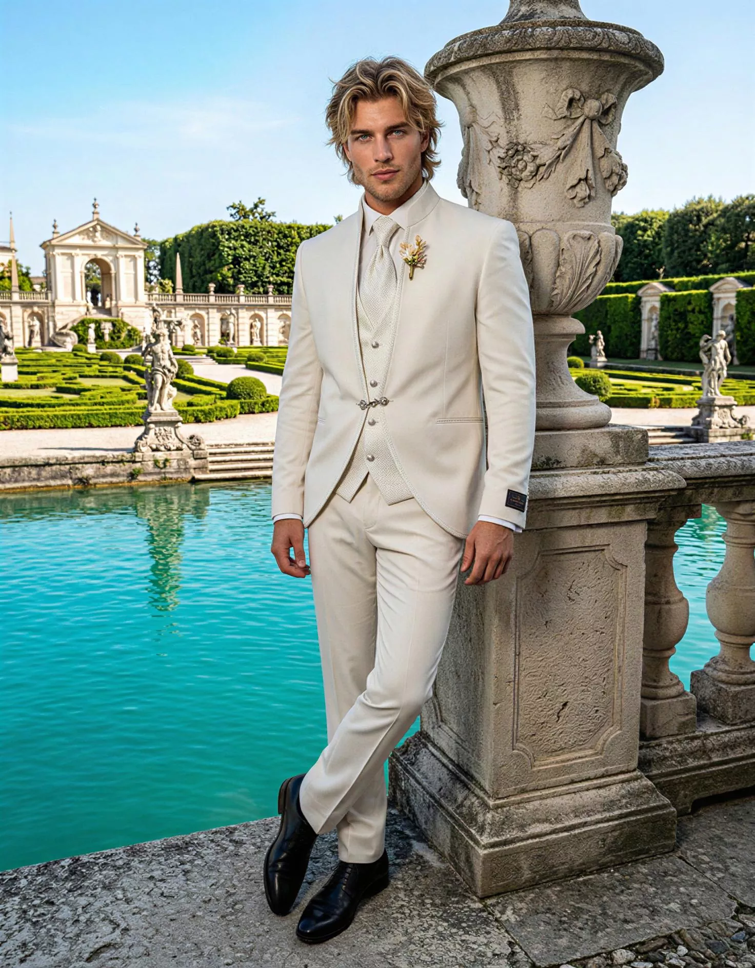 Traje de novio Burak, pose frontal, color beige, cuello mao de ceremonia, Atelier Masculini