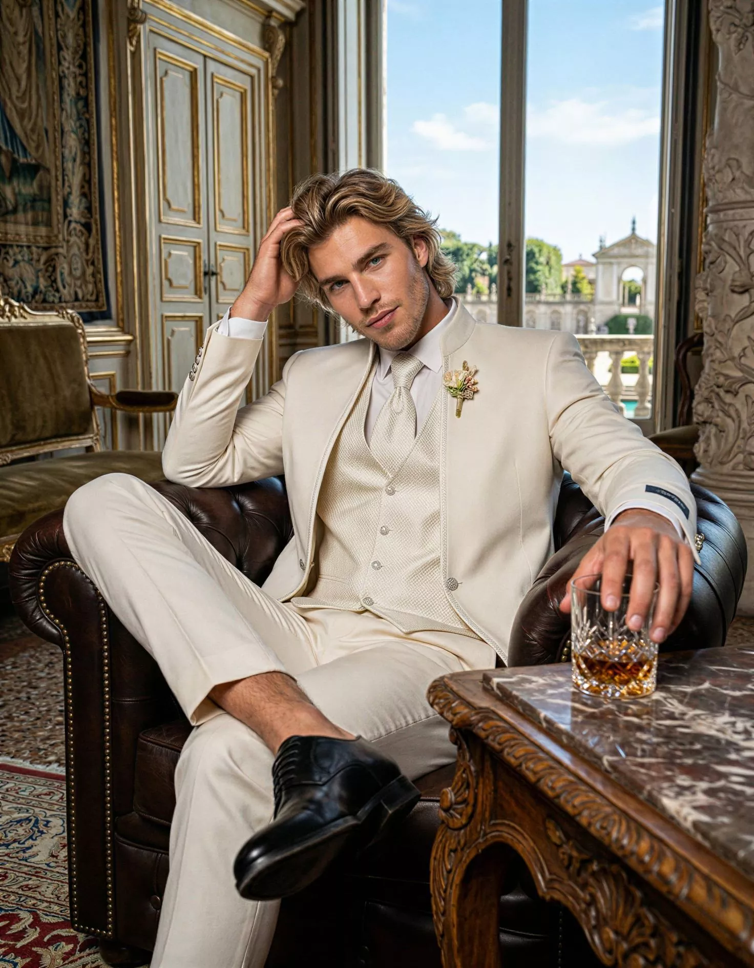 Traje de novio Burak, pose frontal, color beige, cuello mao de ceremonia, Atelier Masculini