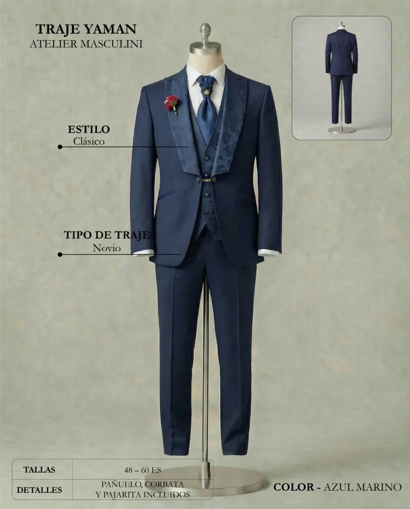 Traje de novio Yaman ficha técnica, Masculini