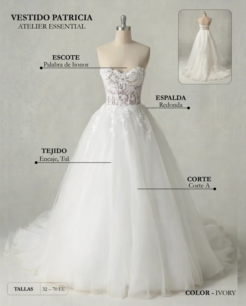 Vestido de novia Patricia ficha técnica, Essential