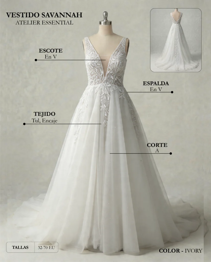 Vestido de novia Savannah ficha técnica, Essential