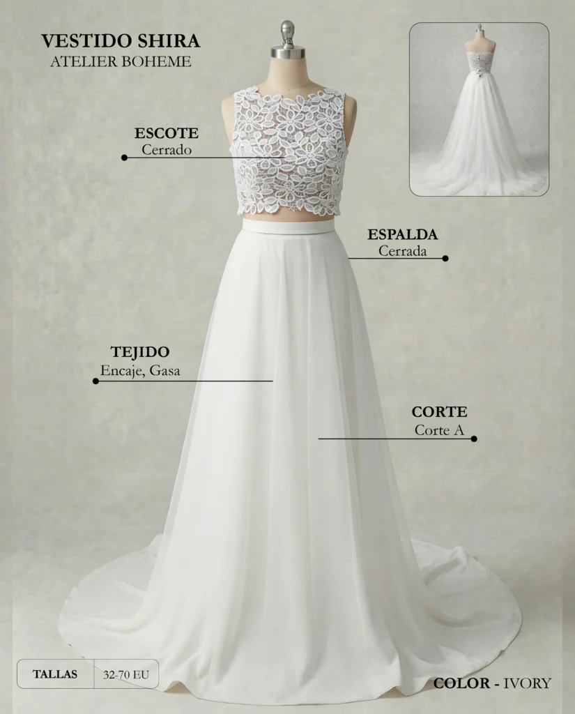 Vestido de novia Shira ficha técnica, Boheme