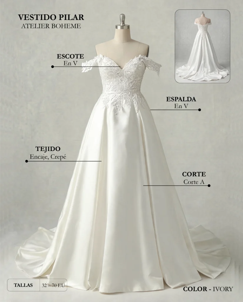 Vestido de novia Pilar ficha técnica, Boheme