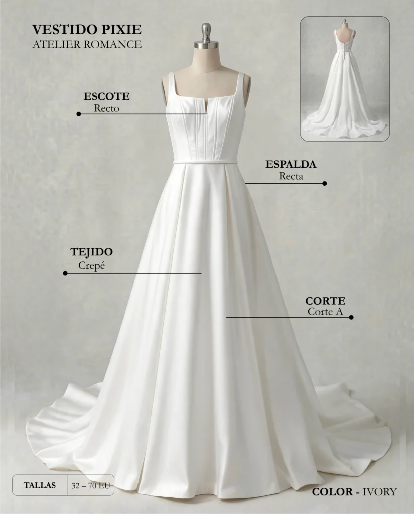 Vestido de novia Pixie ficha técnica, Romance