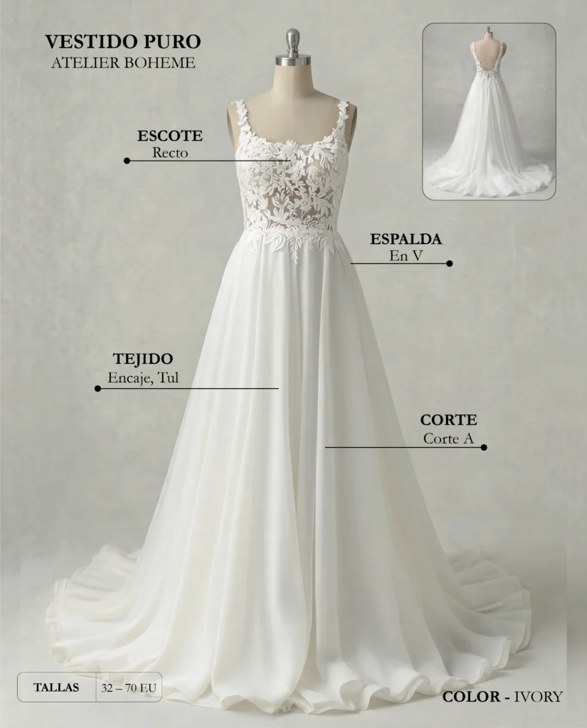 Vestido de novia Puro ficha técnica, Boheme