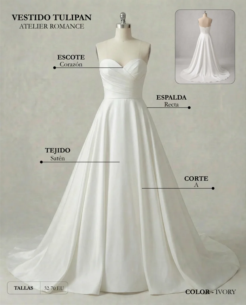 Vestido de novia Tulipan ficha técnica, Romance