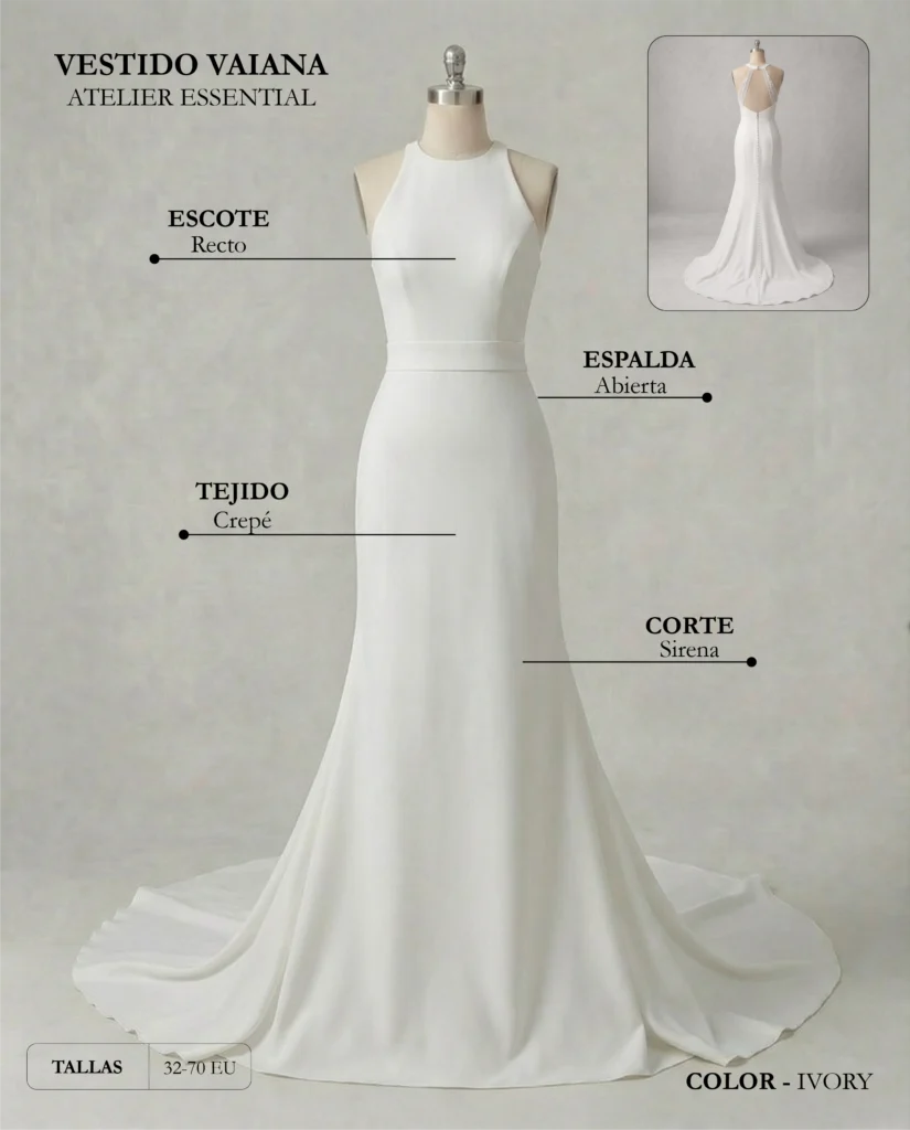 Vestido de novia Vaiana ficha técnica, Essential