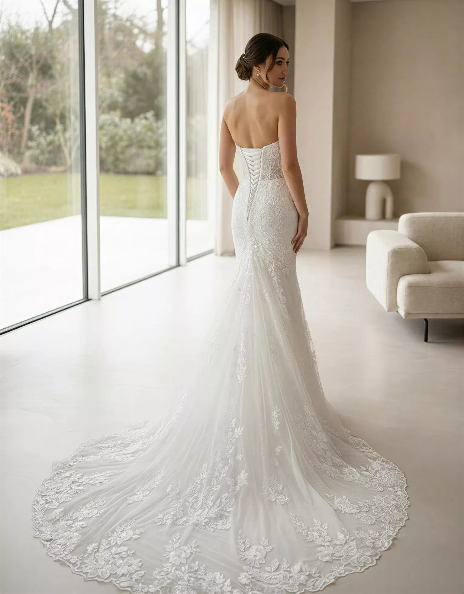 vestido-novia-juniper -atelier-romance-pose-espalda-encaje-escoteenv-espaldacorsé-atelierdebodas.webp