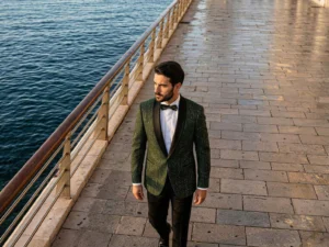 Traje de novio Magnus, pose cenital smoking slim fit con tonalidades verdes y doradas, Atelier Masculini