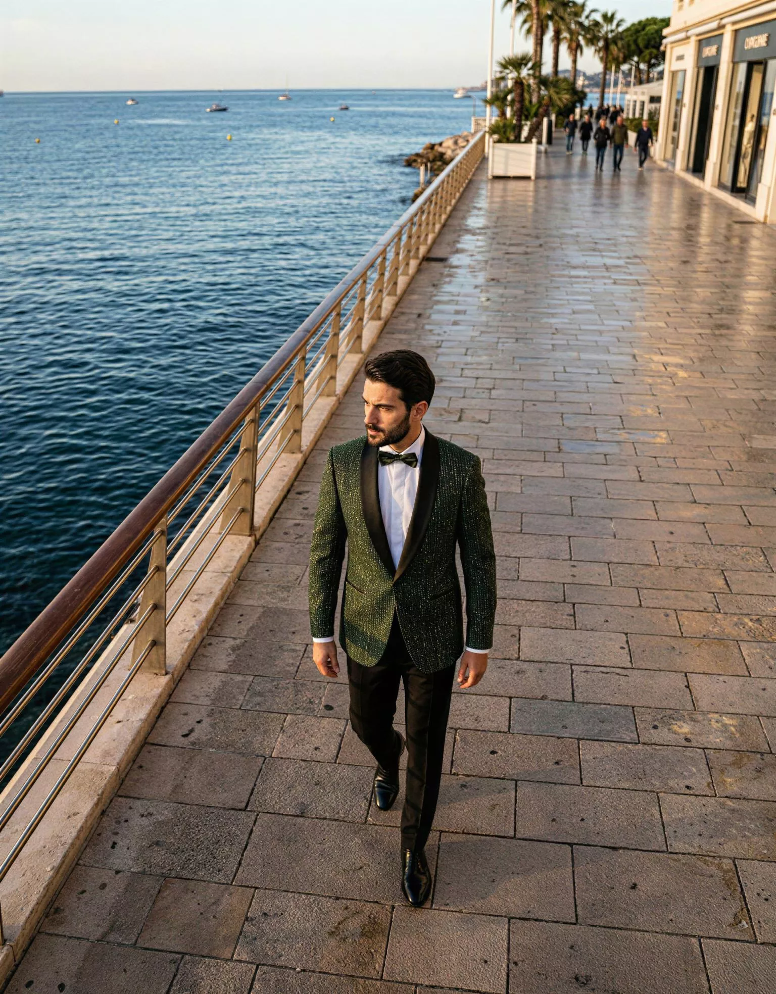 Traje de novio Magnus, pose cenital smoking slim fit con tonalidades verdes y doradas, Atelier Masculini