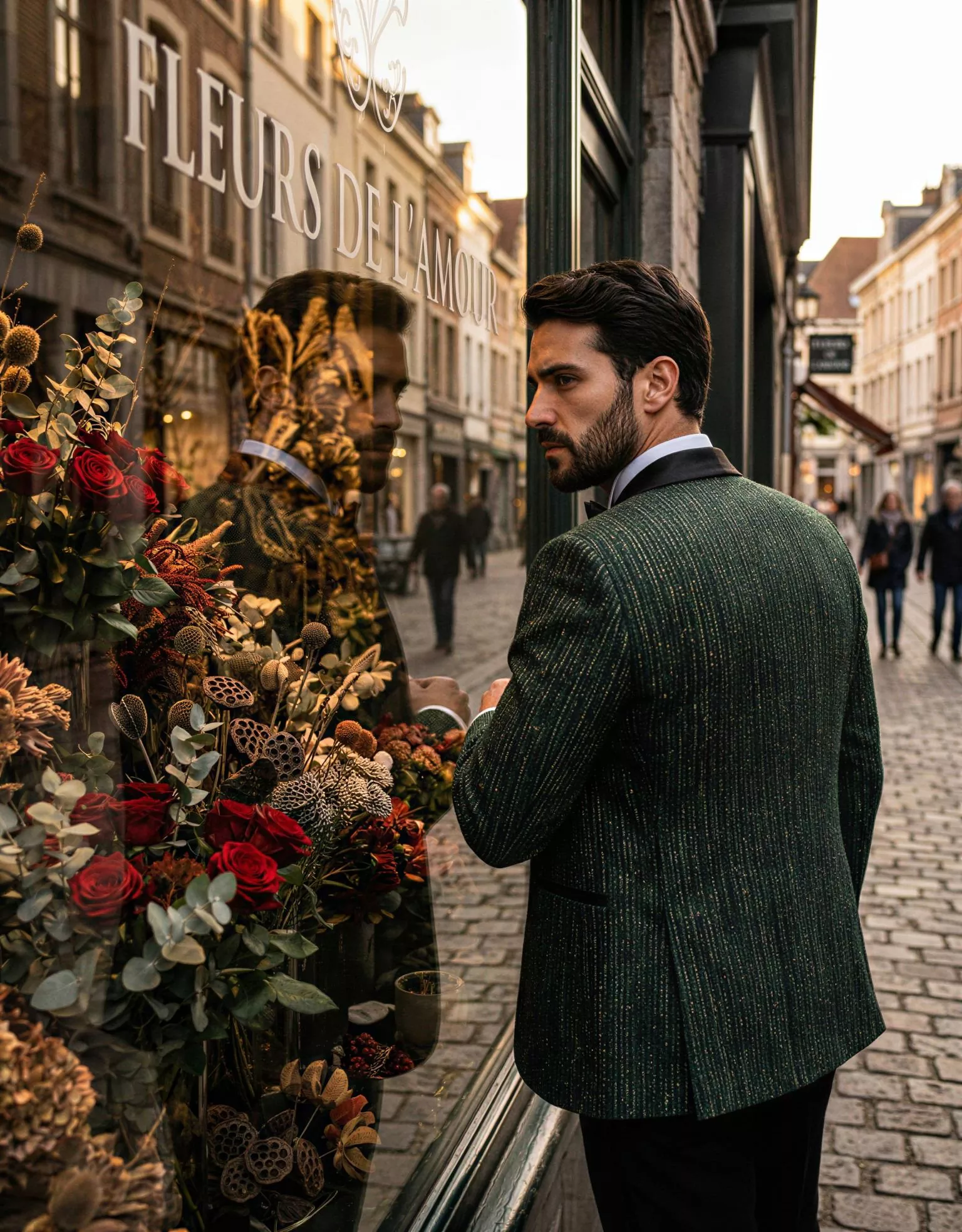 Traje de novio Magnus, pose espalda smoking slim fit con tonalidades verdes y doradas, Atelier Masculini