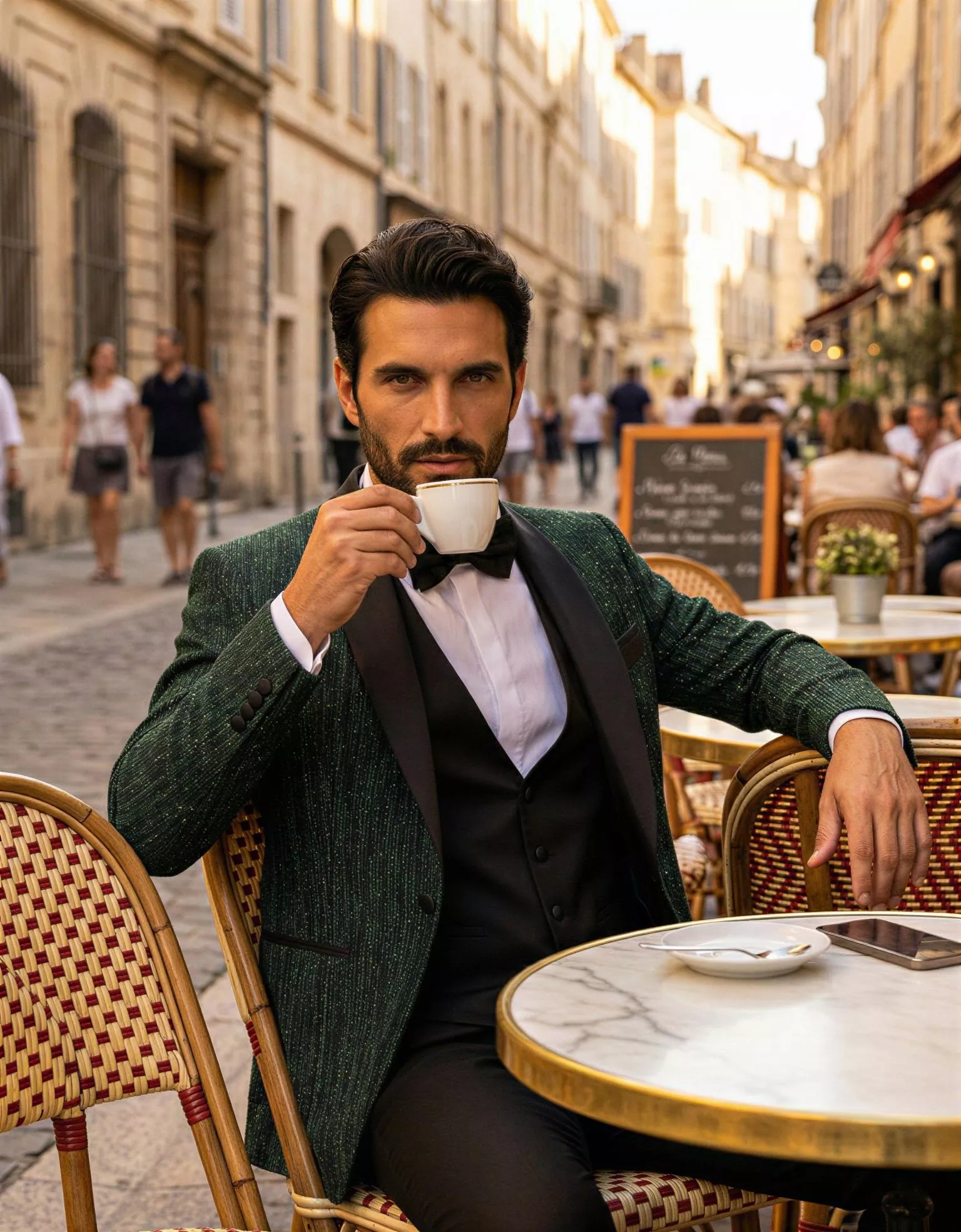 Traje de novio Magnus, pose frontal café smoking slim fit con tonalidades verdes y doradas, Atelier Masculini