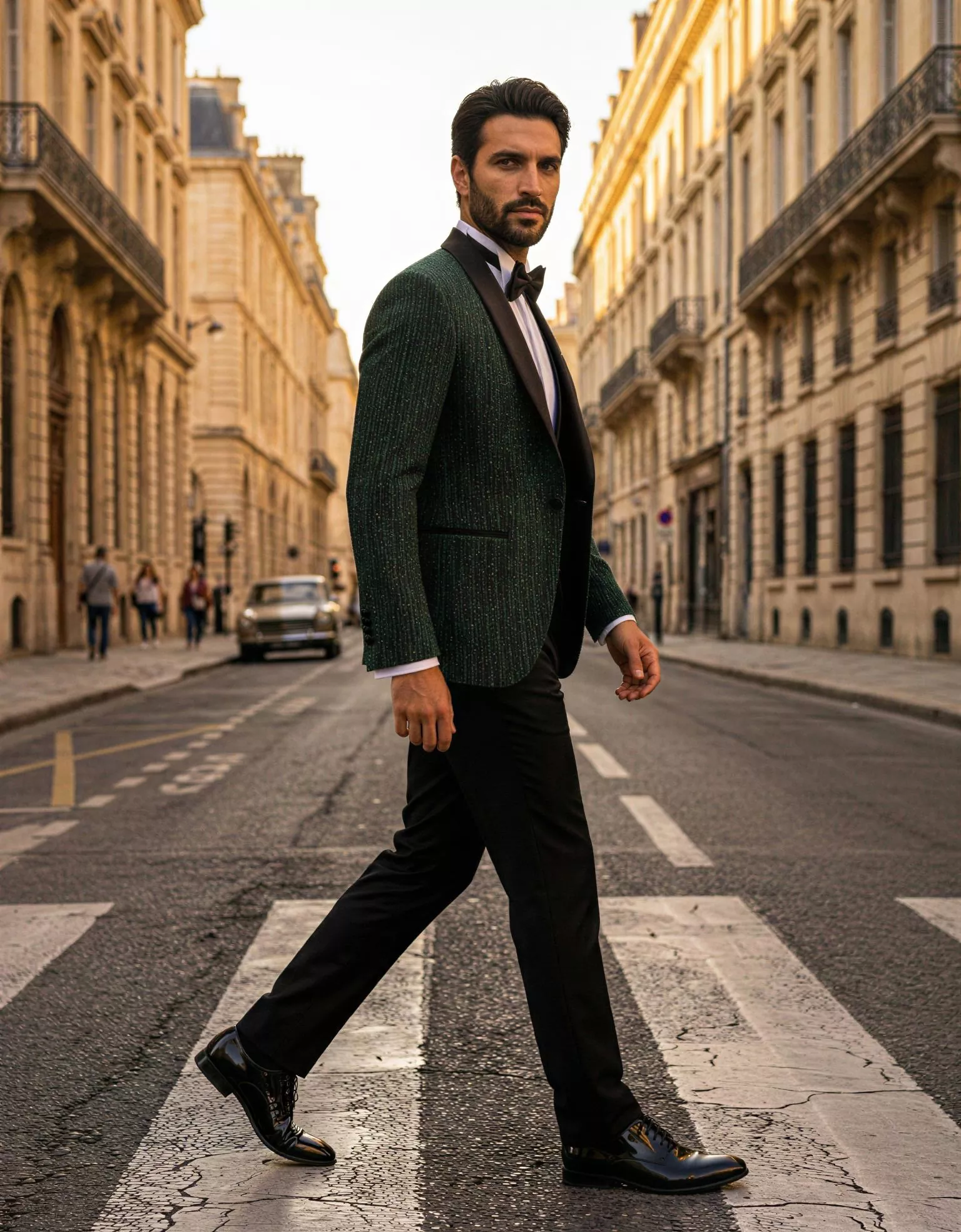 Traje de novio Magnus, pose lateral smoking slim fit con tonalidades verdes y doradas, Atelier Masculini