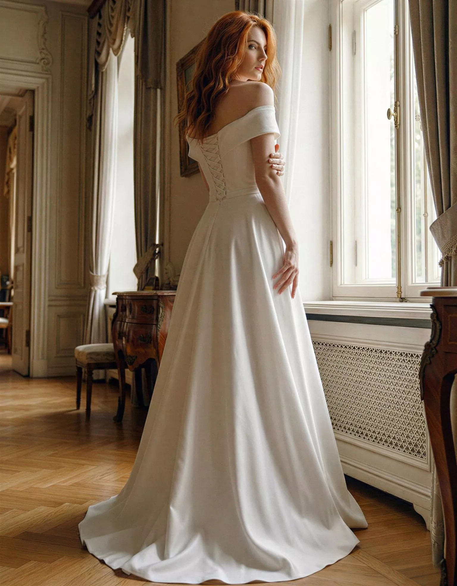 Vestido de Novia Georgina pose espalda escote asimétrico espalda V corsé corte A Atelier Essential